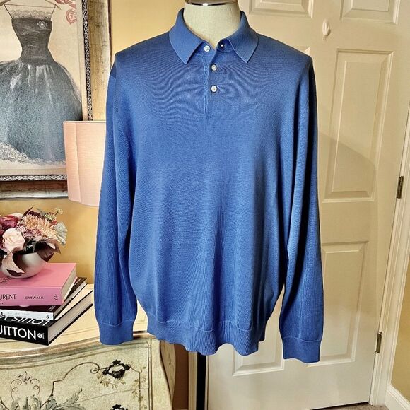 Men's Brooks Brothers Polo Style Silk Cotton Blend Sweater in Blue Size XL - Picture 1 of 3